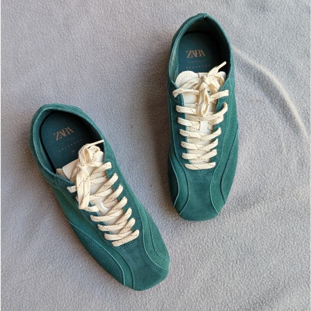 Zara Teal Green Suede Athletic Sneakers with Cream Laces